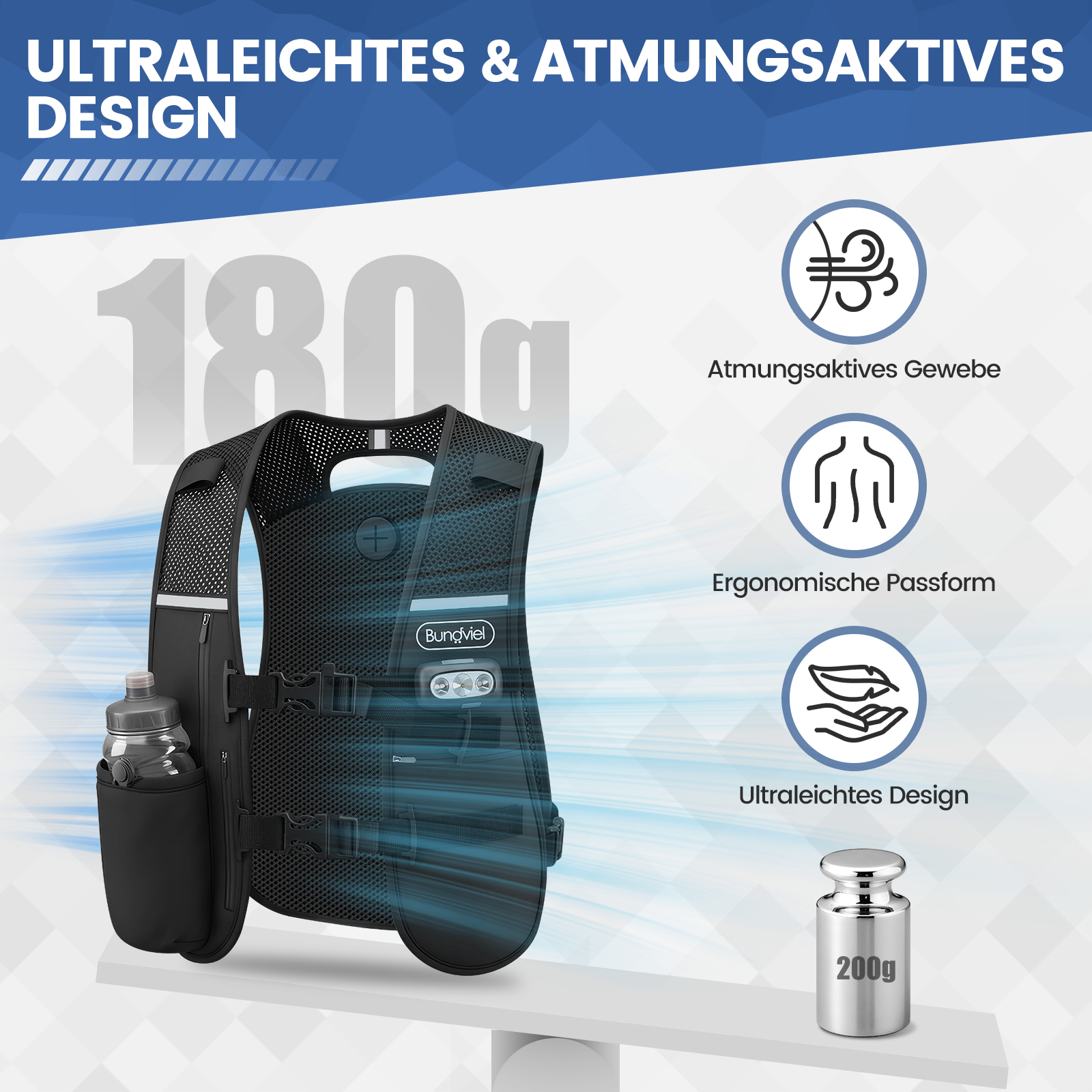 Ultraleichte Weste mit Trinkflasche & Gewichtsindikator. Atmungsaktiv.