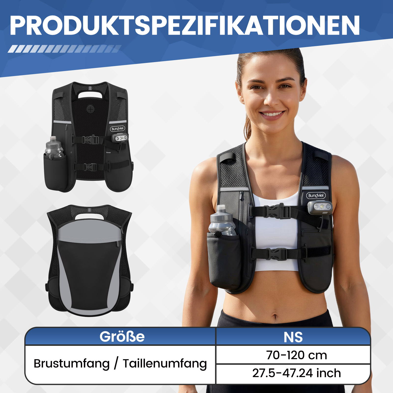 Eine Frau trägt eine schwarze Laufweste mit einer Wasserflasche und einer Lampe. Größenangaben sind sichtbar.