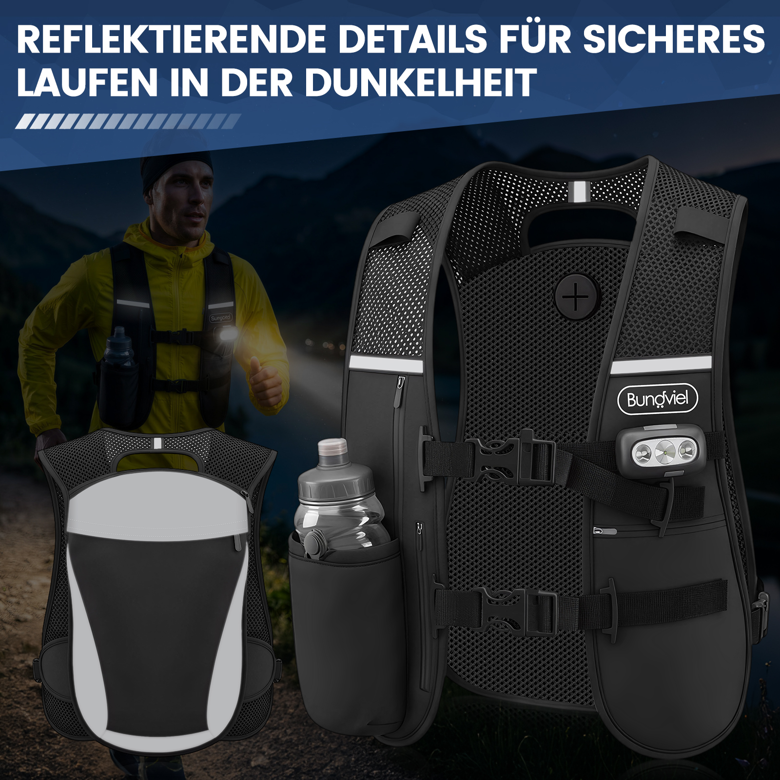 Ein Mann in gelber Jacke läuft nachts mit einer Weste mit Licht.