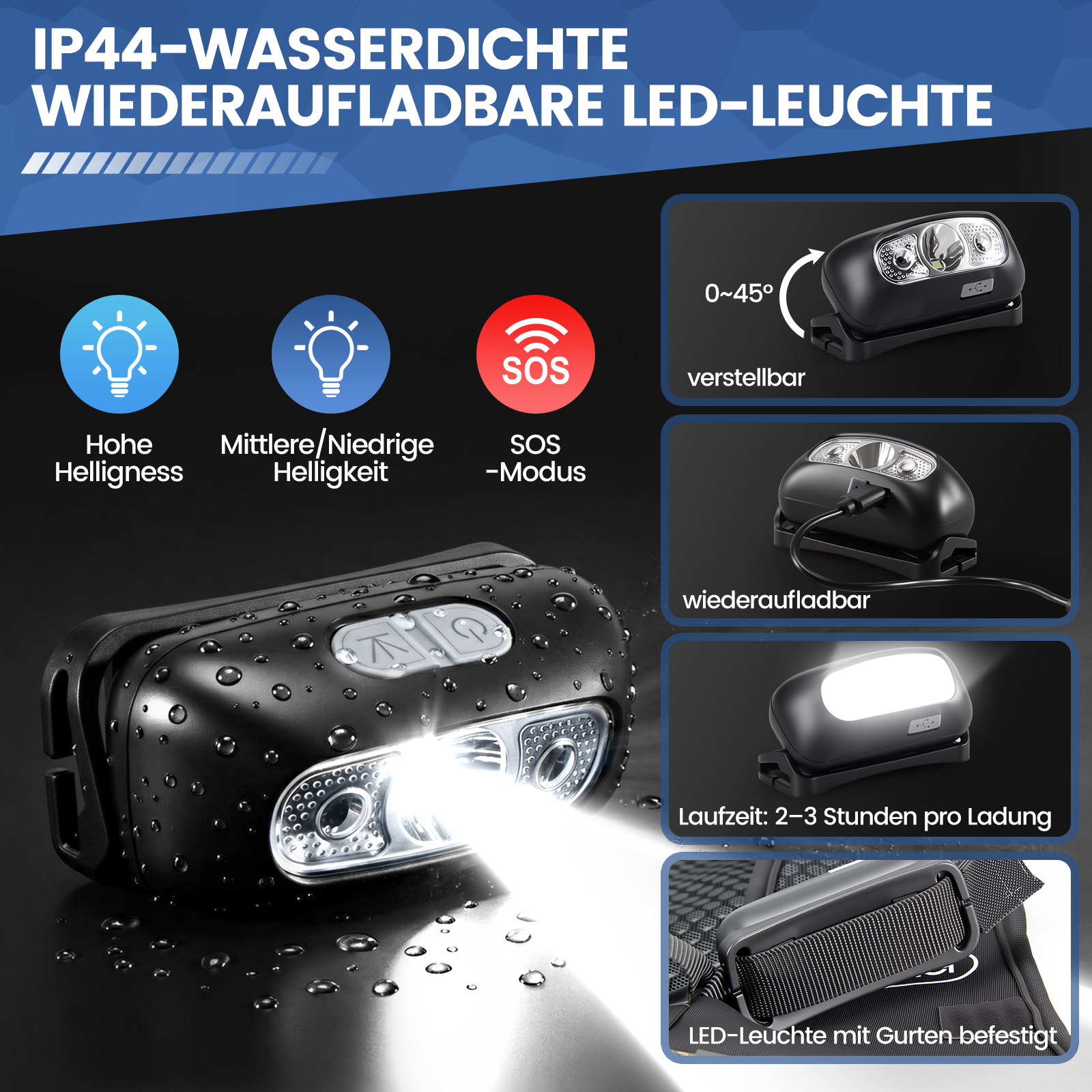 Wasserdichte, wiederaufladbare LED-Leuchte mit verschiedenen Helligkeitsstufen.