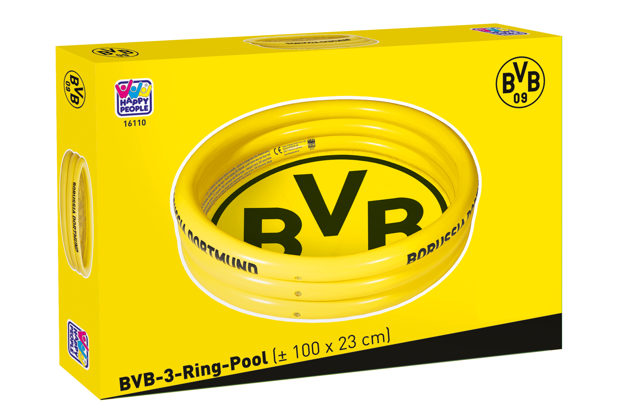 Gelber BVB-Pool mit Aufdrucken von BVB und Happy People.