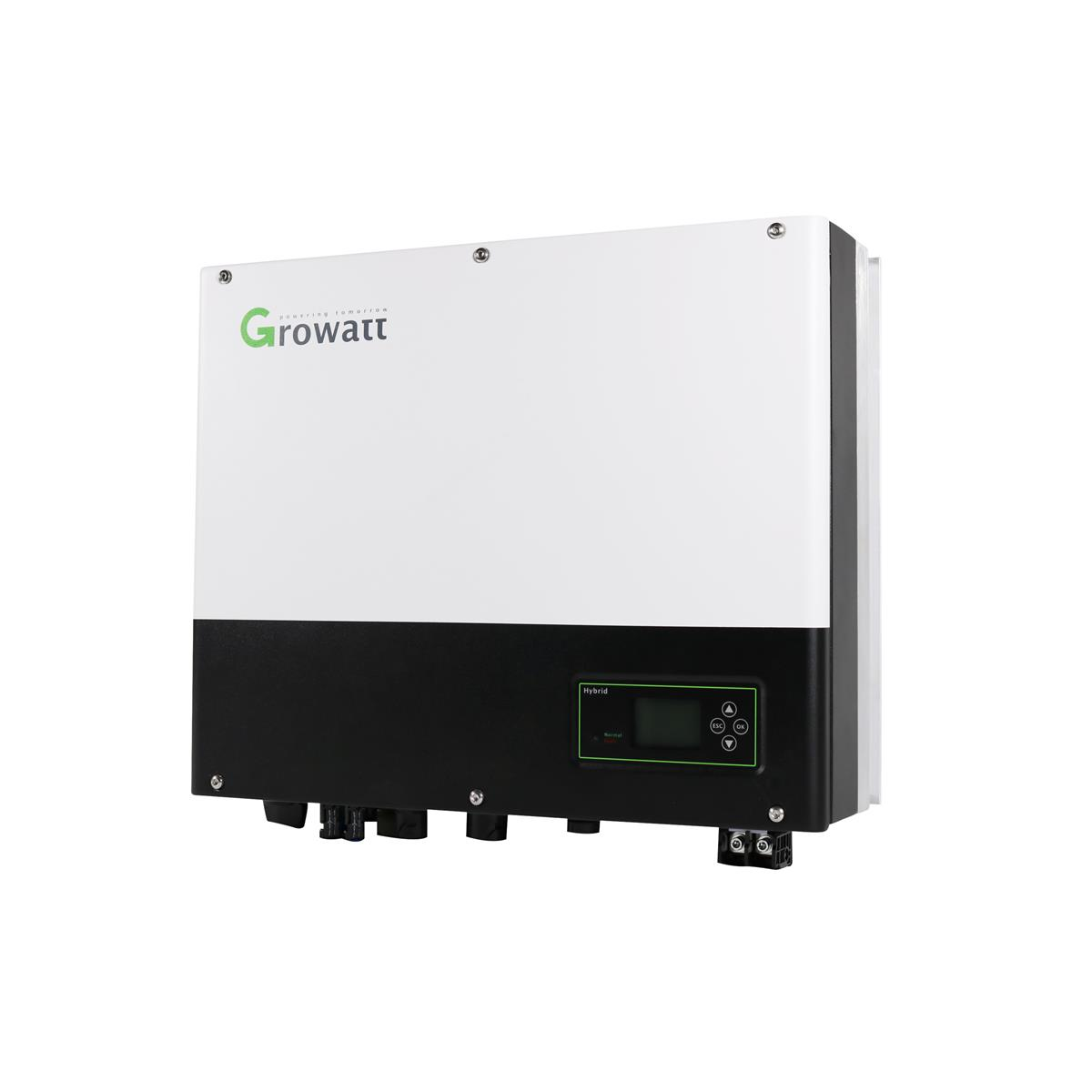 Ein weiß-schwarzer Growatt Hybrid-Wechselrichter mit Bildschirm und Tasten auf weißem Hintergrund.