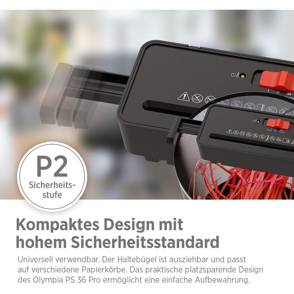 Ein schwarzer Aktenvernichter mit rotem Schalter und P2-Sicherheitsstufe.