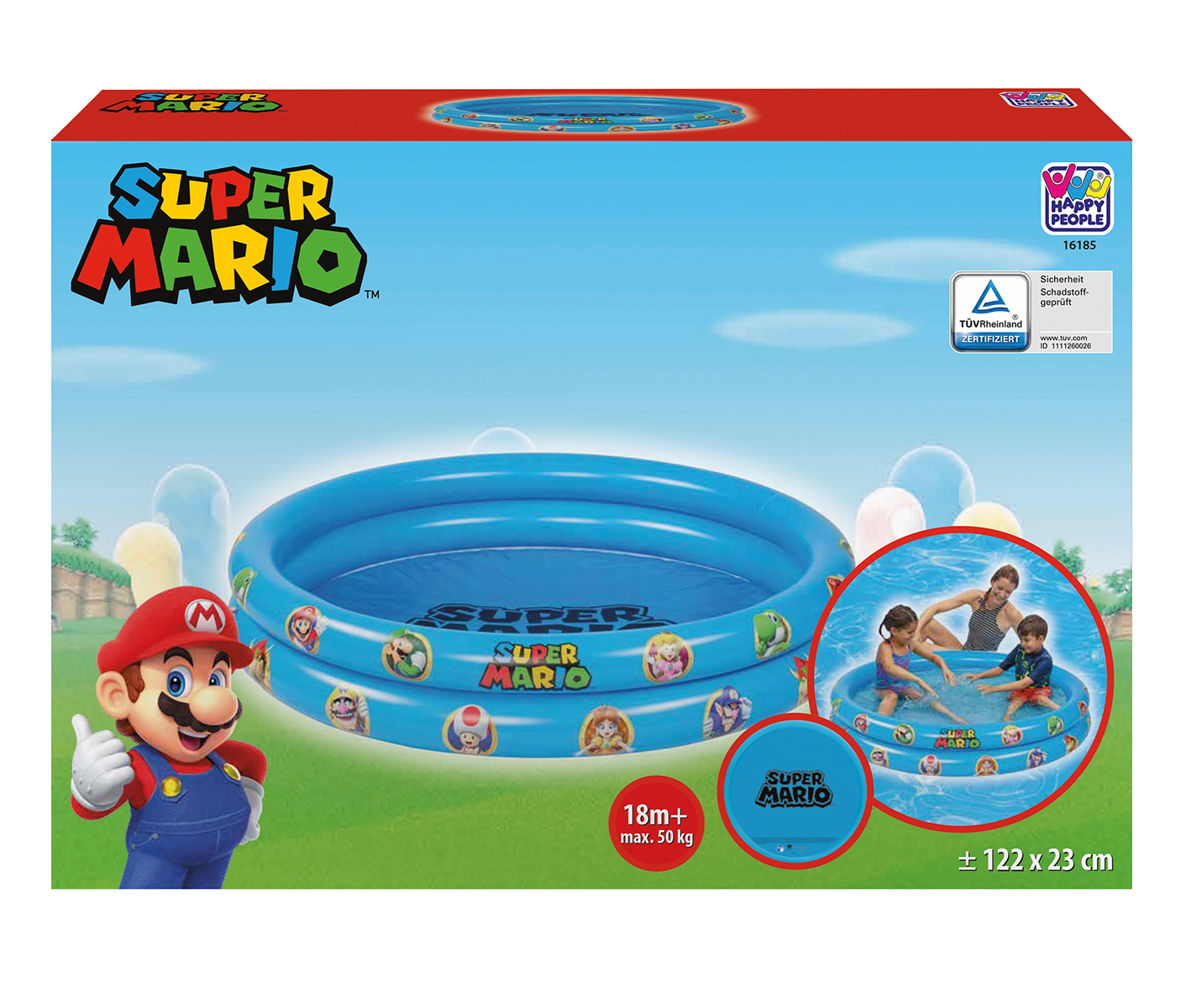 Aufblasbarer Super Mario Pool mit Mario Figur und Familie im Wasser.