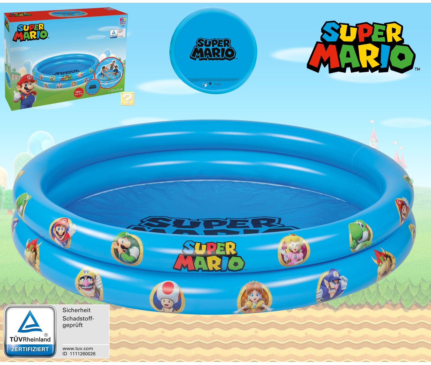 Ein blaues aufblasbares Schwimmbecken mit Super Mario-Figuren und dem Super Mario-Logo.
