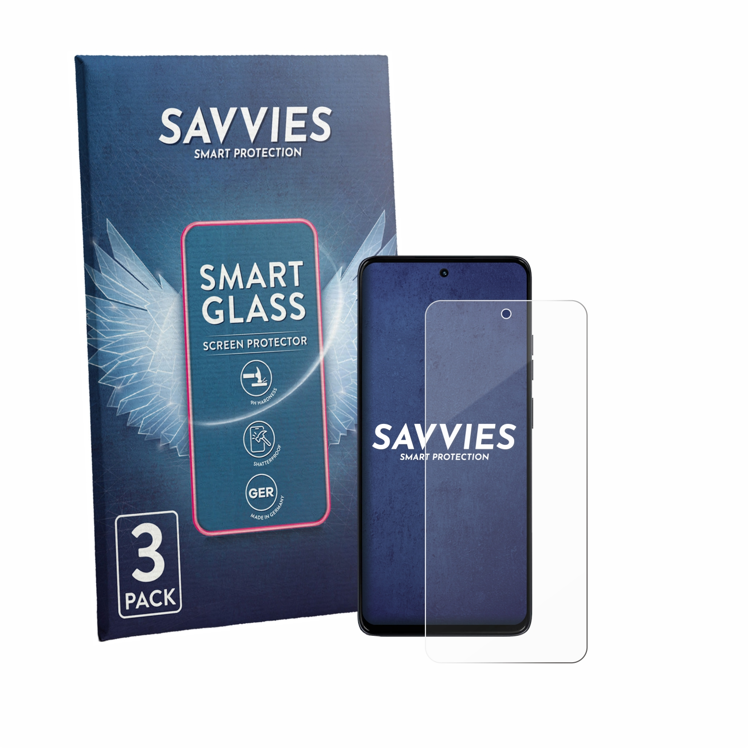 Savvies Smart Glass Schutzfolie 3er Pack mit Smartphone.