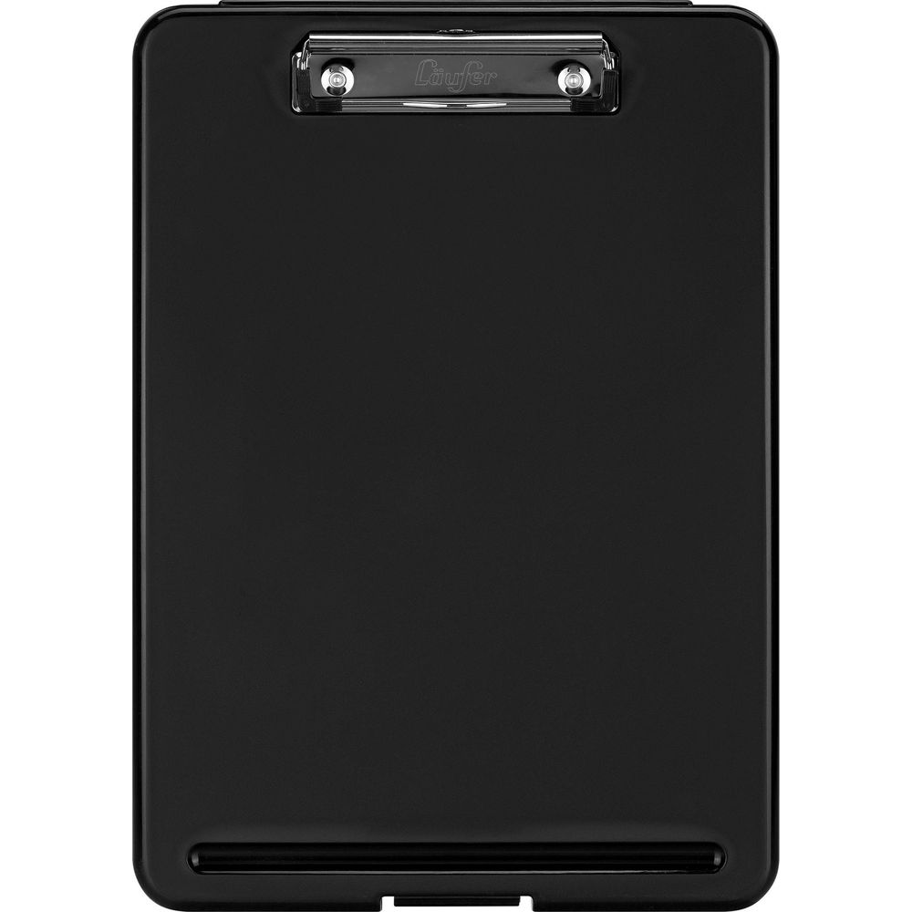 Eine schwarze Klemmbrett mit silberner Klemme und Logo oben.