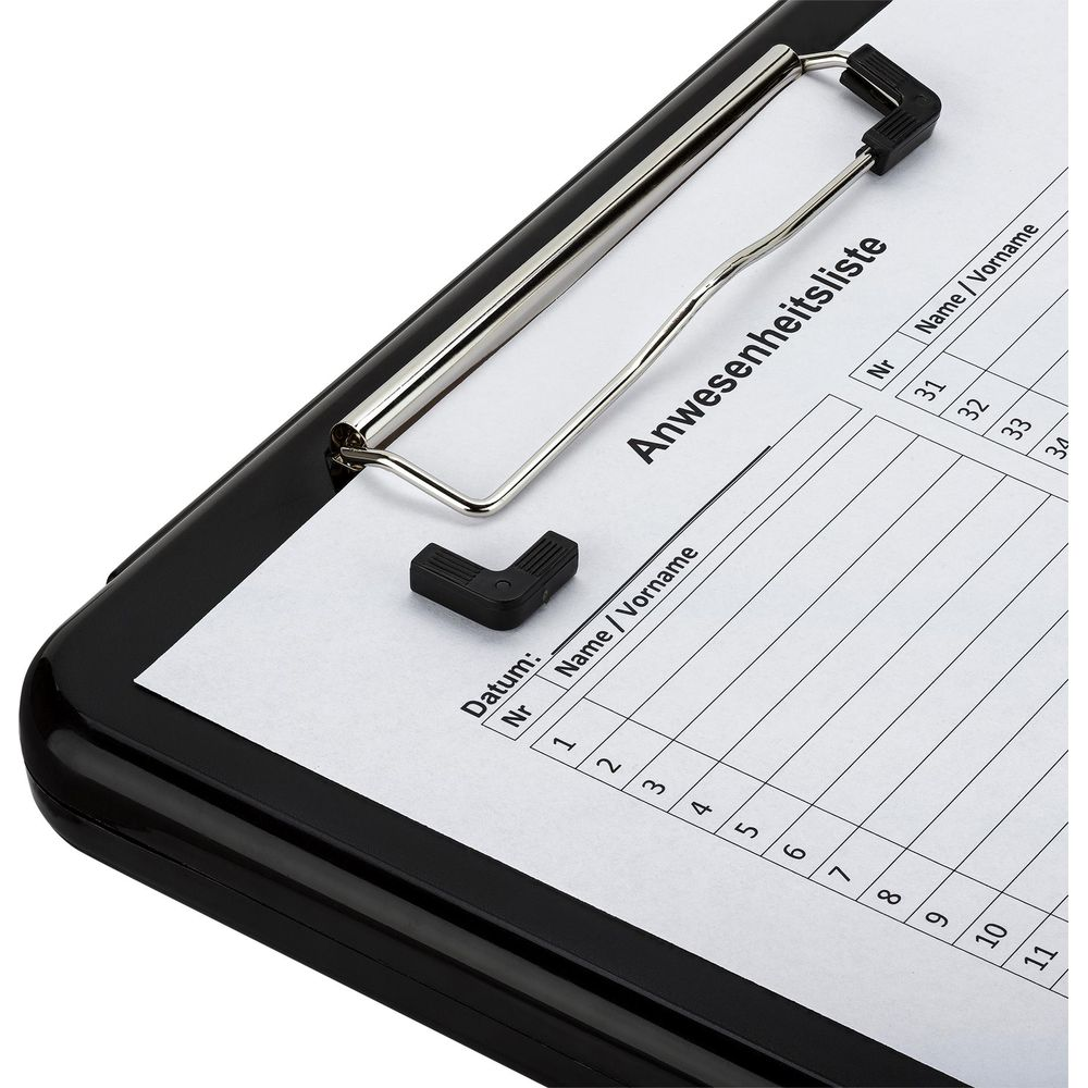 Schwarze Klemmbrett mit Anwesenheitsliste, Datum, Name/Vorname Feldern.