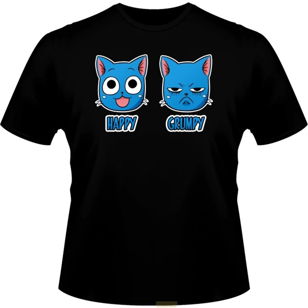 Zwei blaue Cartoon-Katzen, eine glücklich, eine mürrisch, auf einem schwarzen T-Shirt.