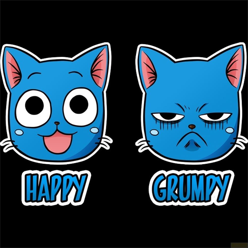 Zwei blaue Cartoon-Katzen, eine glücklich, eine mürrisch, mit Text darunter.