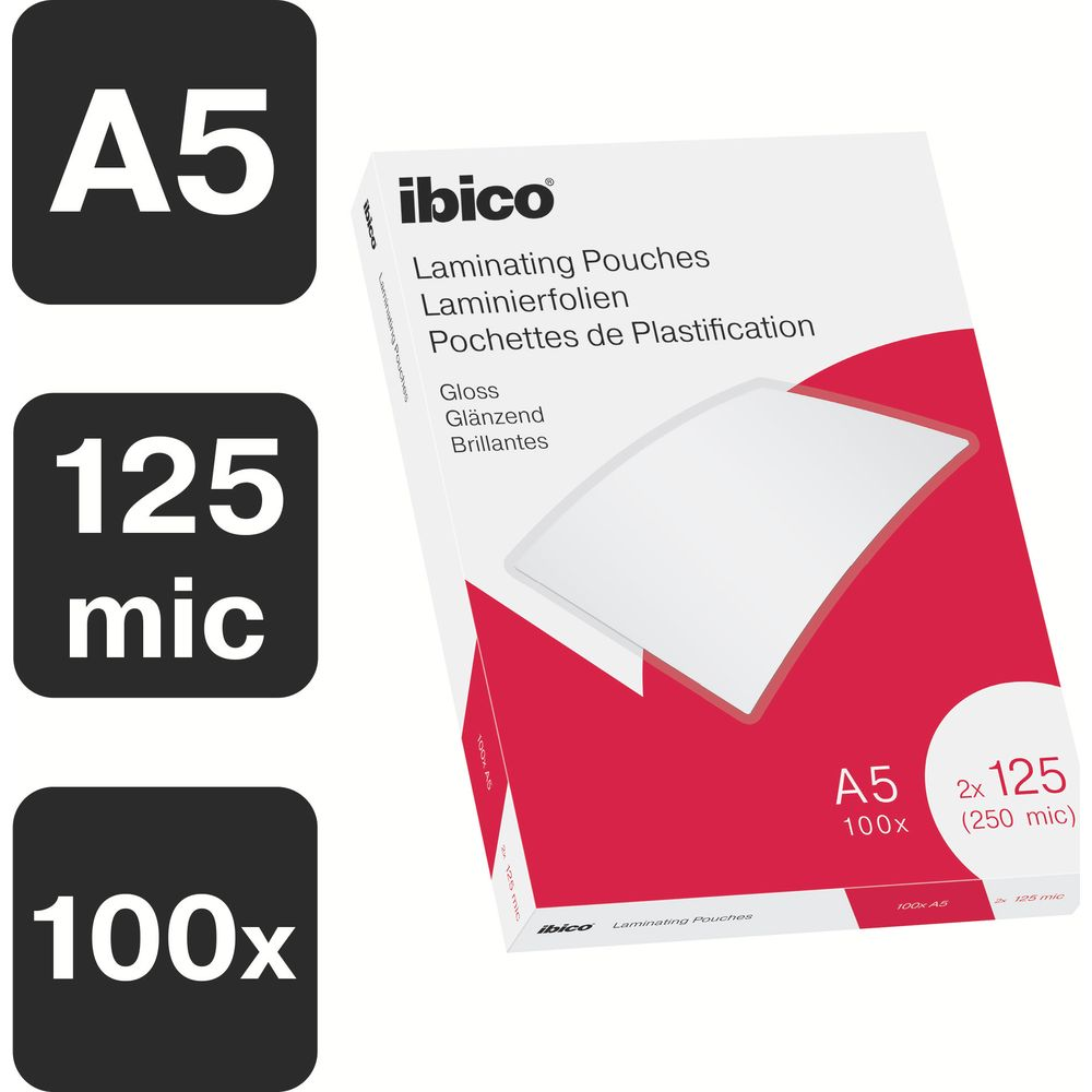 Confezione da 100 buste plastificatrici A5 lucide, spessore 125 micron, Ibico.