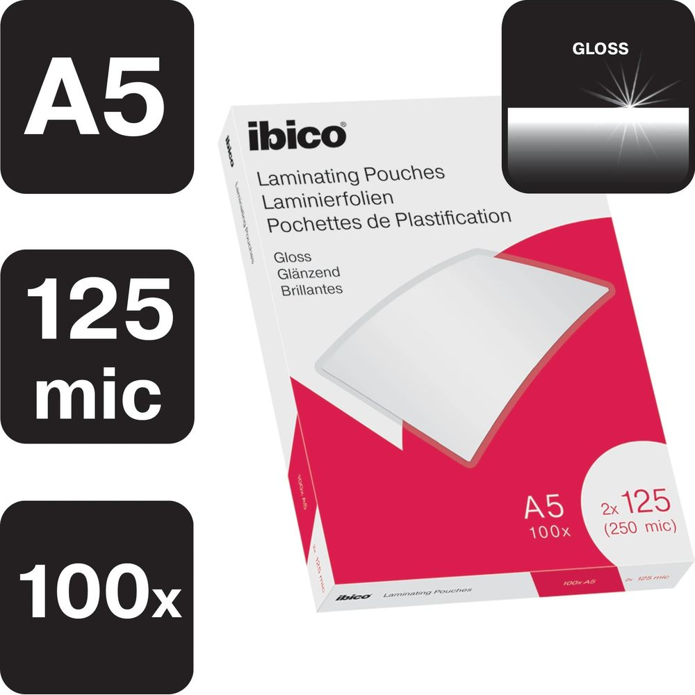 Confezione da 100 buste plastificatrici Ibico A5 lucide, spessore 125 mic.