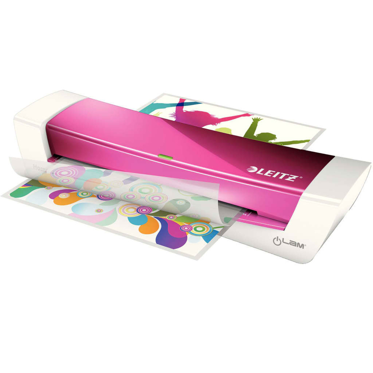 Ein pinker Leitz-Laminator mit bunten Designs und Silhouetten.