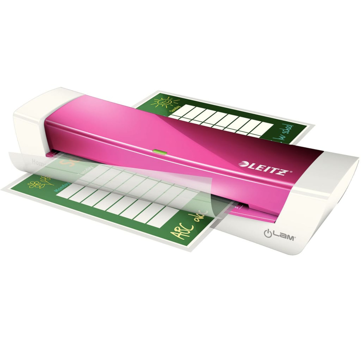 Ein pinker Aktenlaminator mit weißen Akzenten laminiert ein Blatt mit einem Stundenplan.