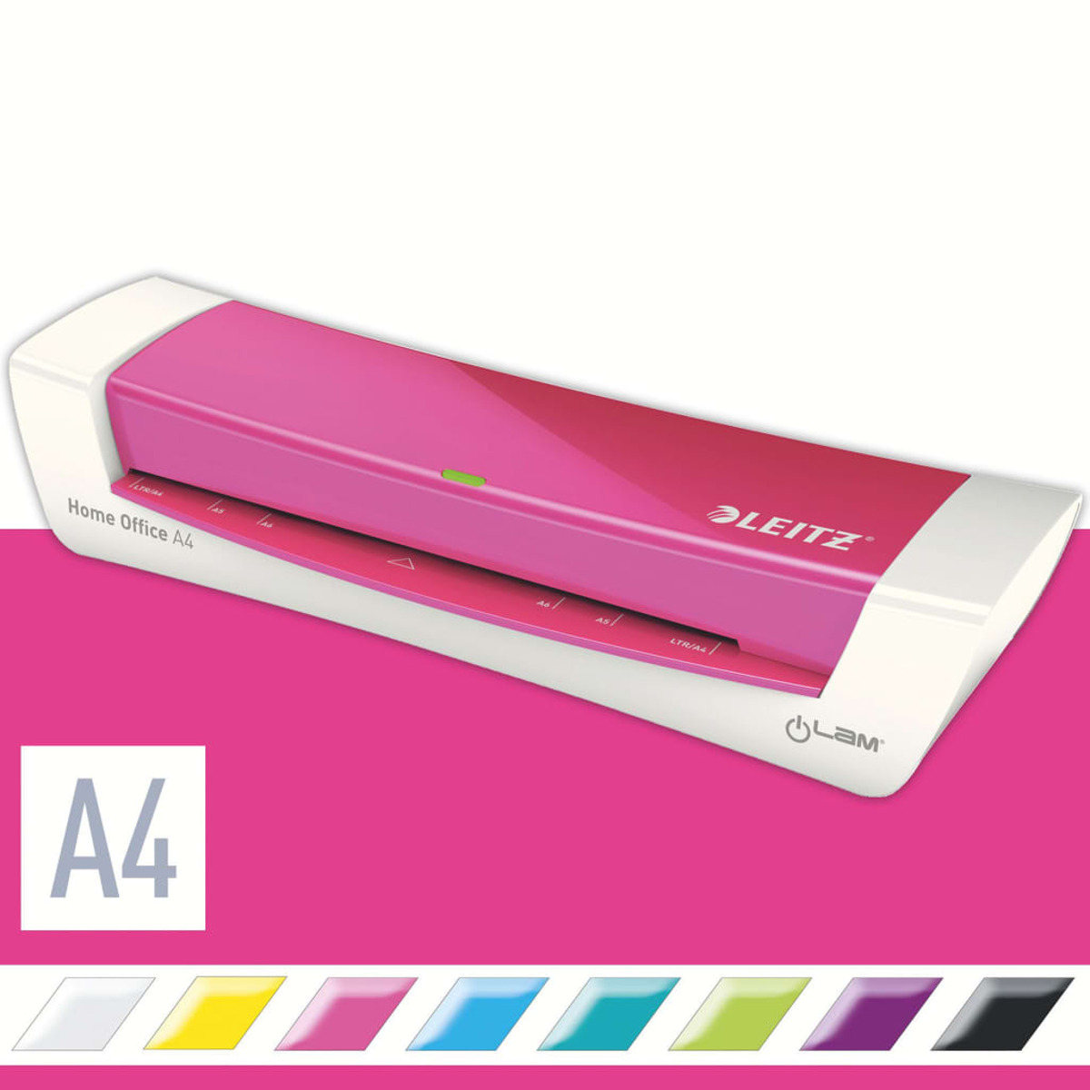 Ein pinker Aktenlaminator mit weißem Gehäuse und einem grünen Licht.