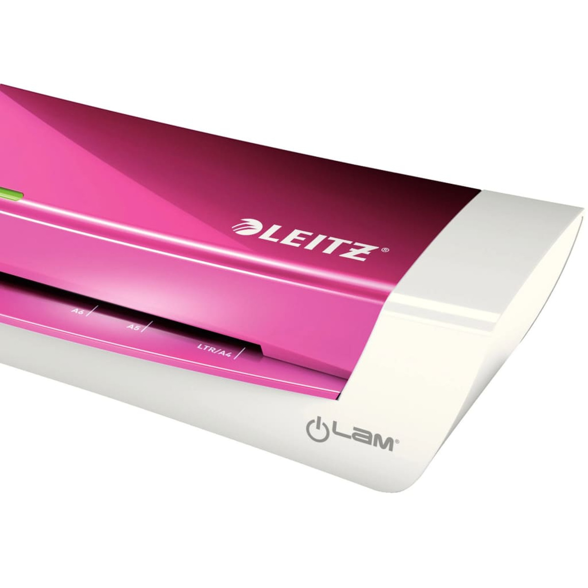 Ein rosafarbener Leitz-Laminator mit weißem Gehäuse und Beschriftungen.