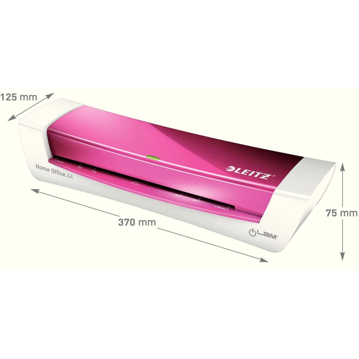 Ein pinker Leitz Home Office A4 Laminator, 370mm lang, 125mm breit, 75mm hoch.