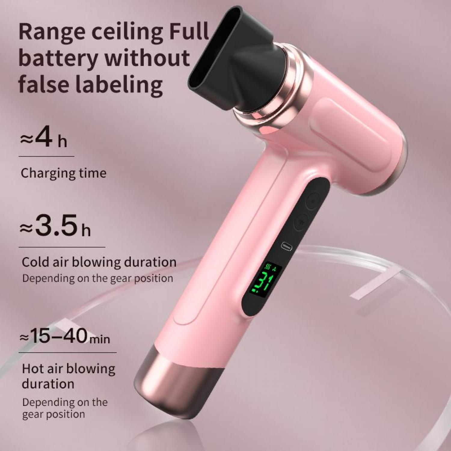 Pinker Haartrockner mit Digitalanzeige, der Ladezeit und Nutzungsdauer anzeigt.