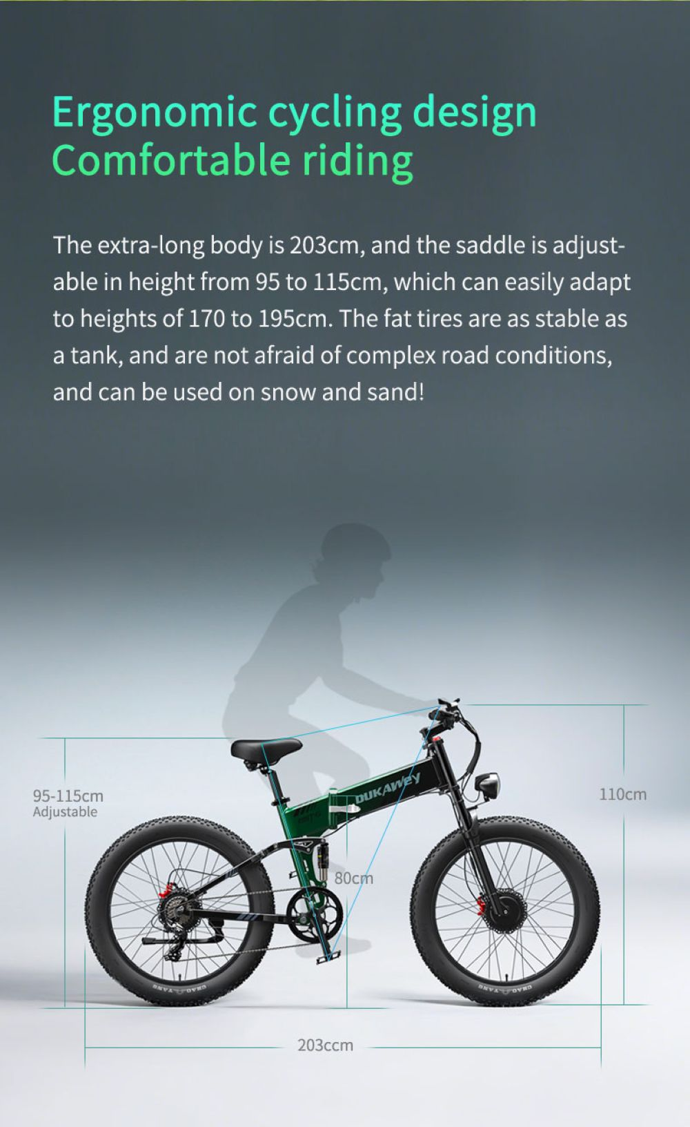 Bici pieghevole verde con ruote grasse, 203cm di lunghezza, 110cm di altezza.