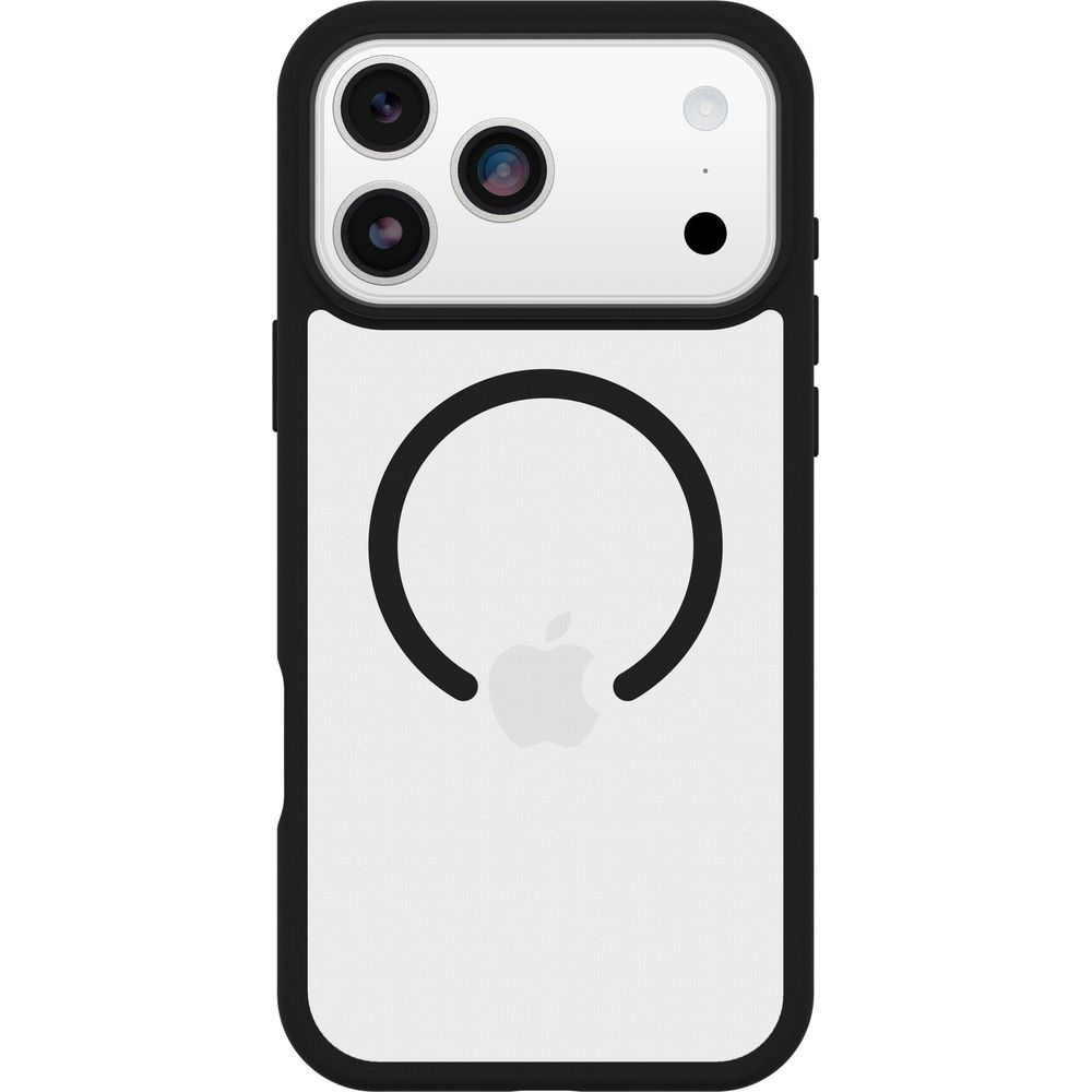 Una custodia nera per iPhone con retro trasparente che mostra il logo Apple.
