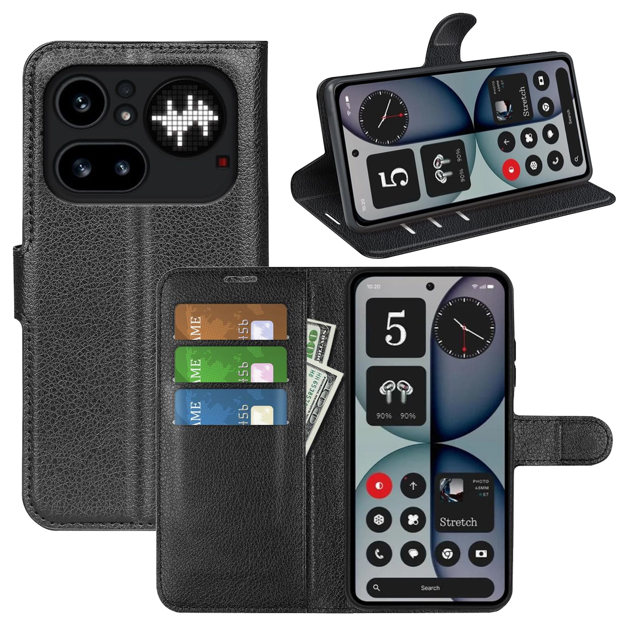 Schwarze Leder-Handyhülle mit Karten und Bargeld. Telefon zeigt Widgets.