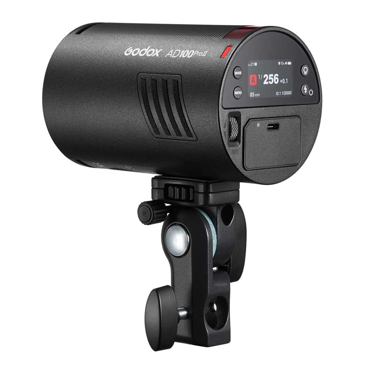 Schwarzer Godox AD100ProII Blitz mit LCD-Display, montiert auf einem Stativadapter.