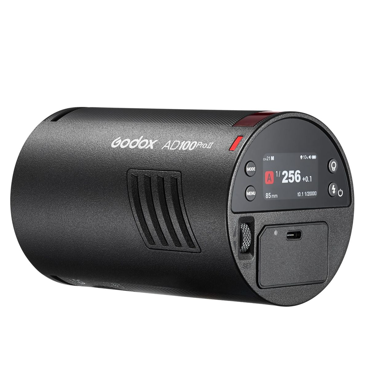 Schwarzer Godox AD100Pro Blitz mit LCD-Display, Bedienelementen und Lüftungsschlitzen.