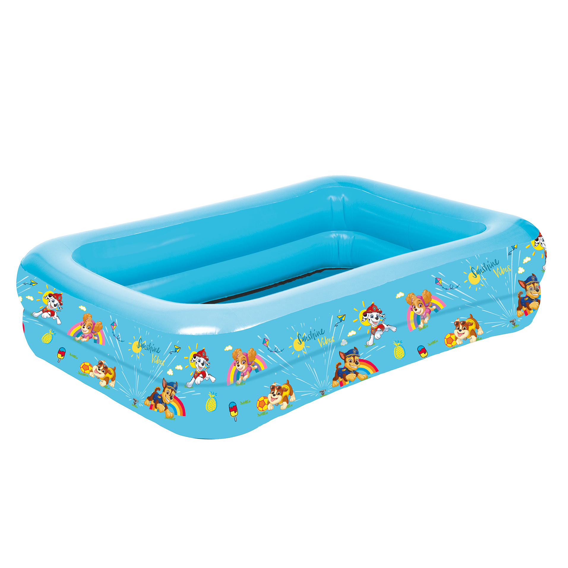 Ein aufblasbarer Pool mit Paw Patrol-Motiven und Sonnenschein-Aufdruck.