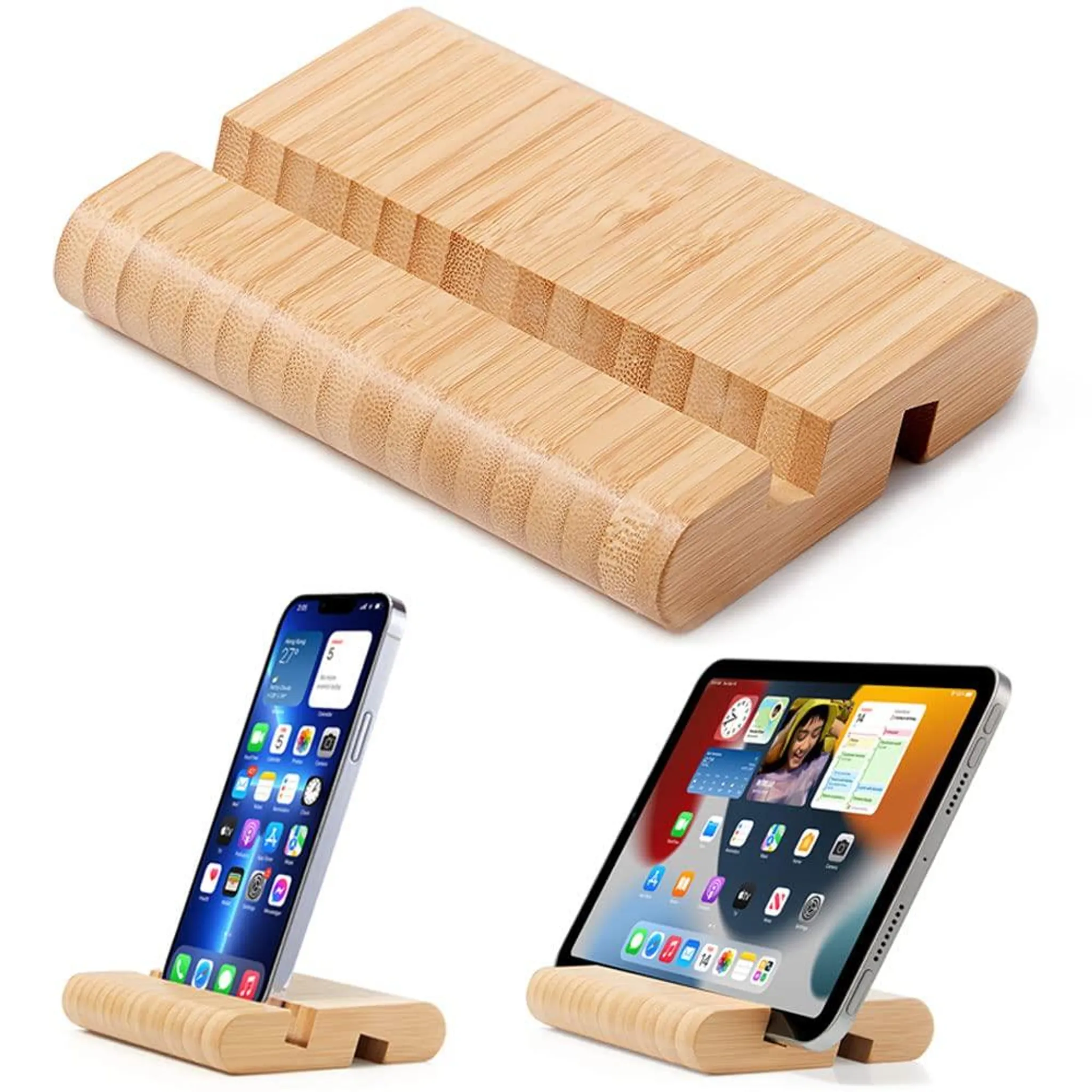 Ein hölzerner Handy- und Tablet-Ständer mit Geräten.