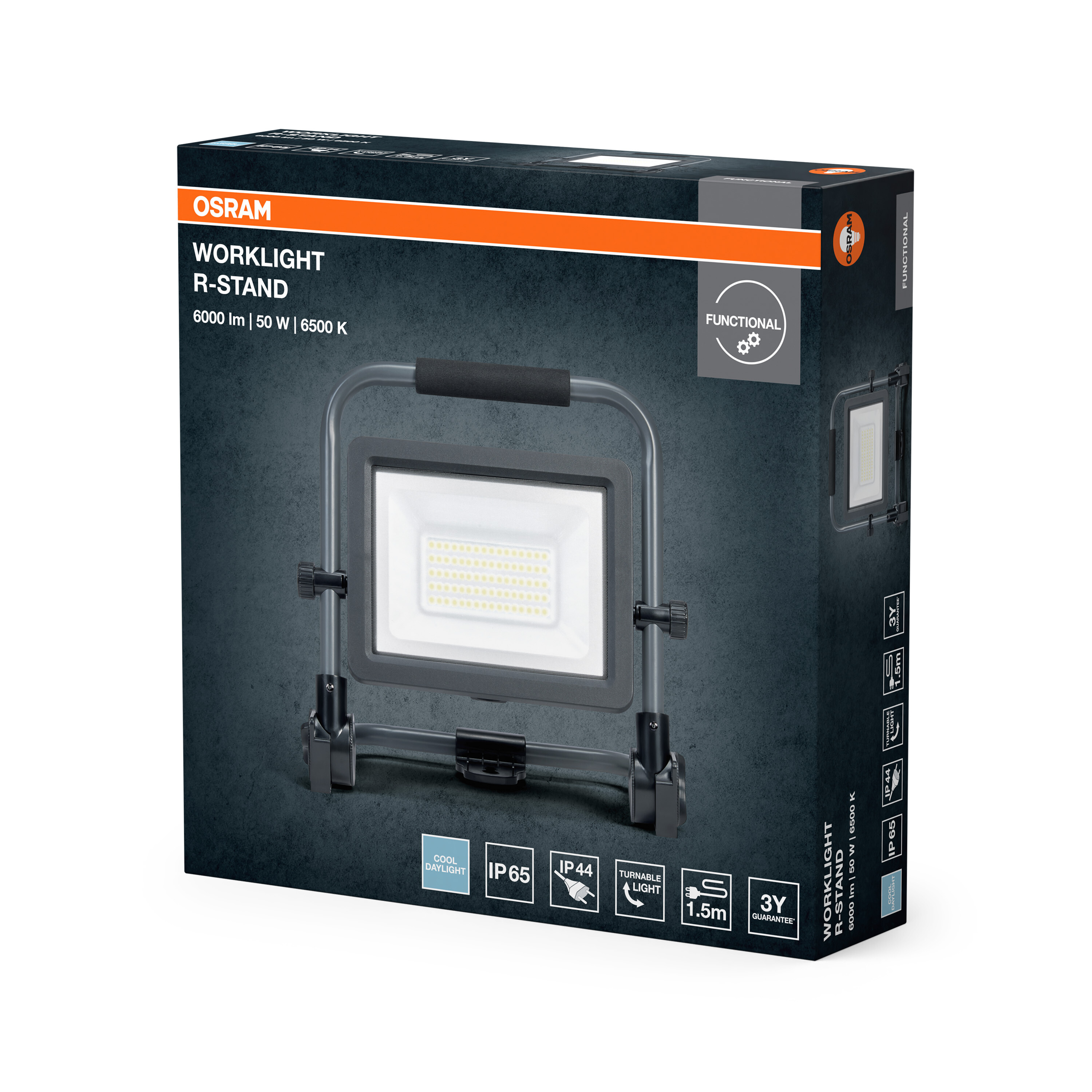 Verpackung eines OSRAM WORKLIGHT R-STAND Flutlichts mit technischen Details.