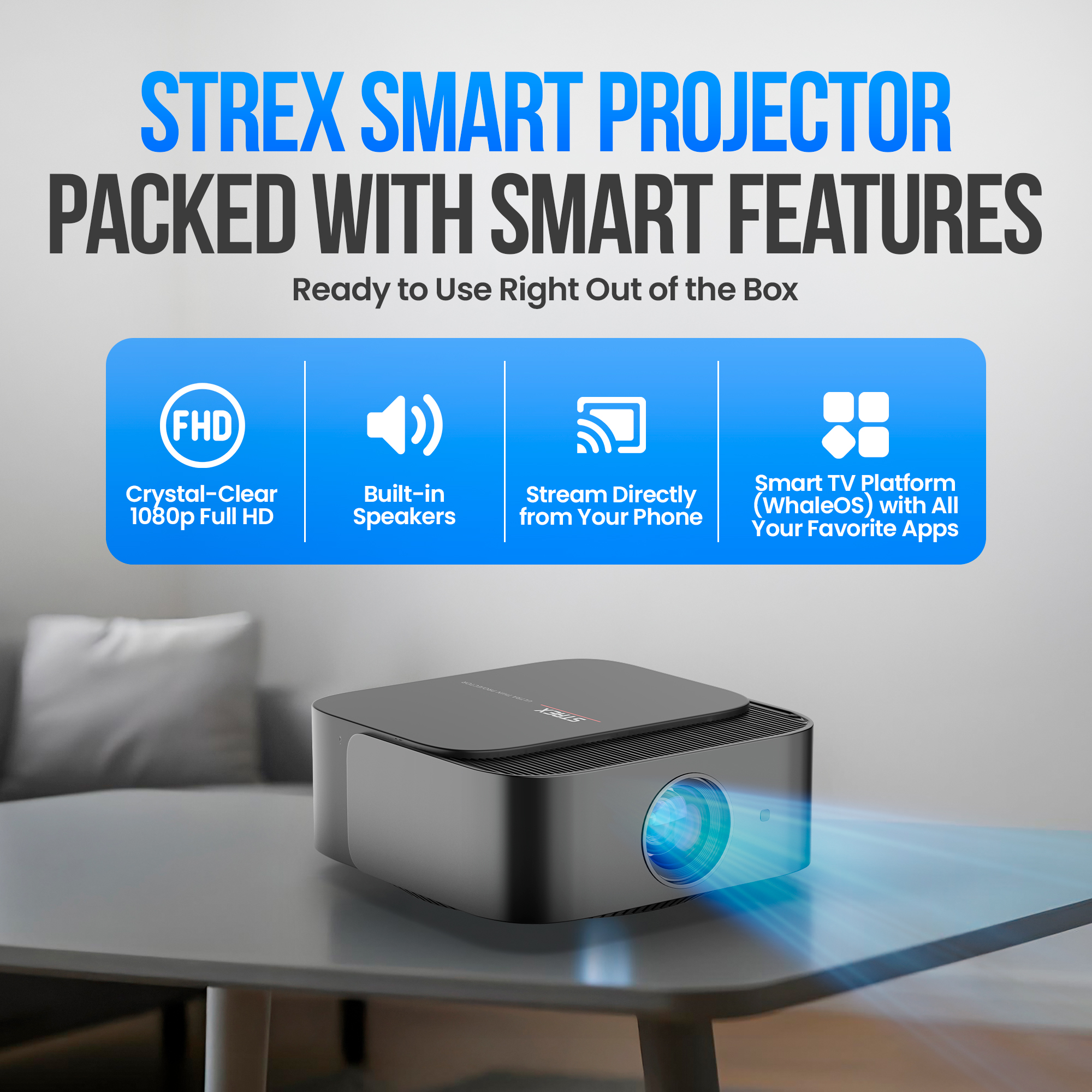 Ein schwarzer Strex Smart Projektor mit blauer Lichtstrahlung steht auf einem Tisch.