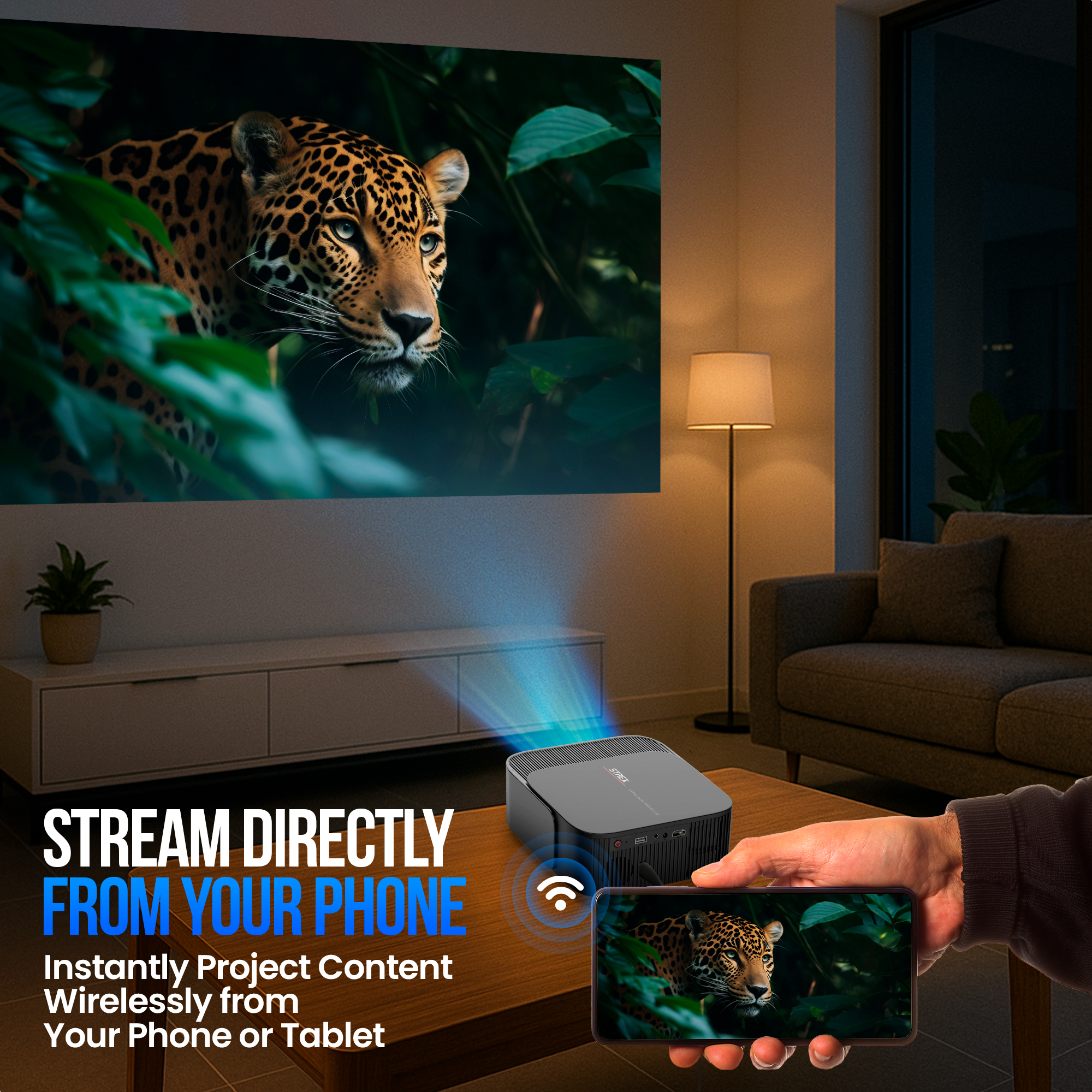 Ein Projektor streamt ein Leopardenbild auf einen Bildschirm in einem Wohnzimmer. Ein Handy spiegelt das Bild.