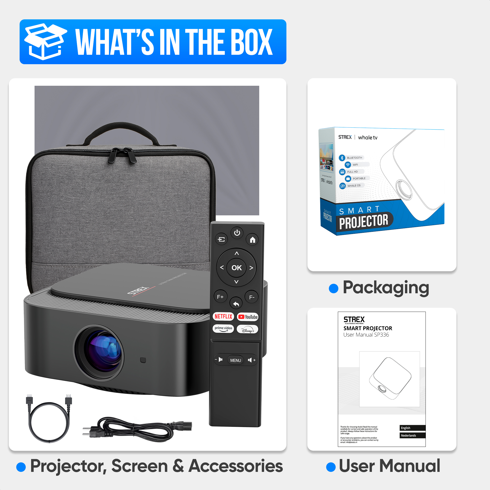 Projecteur, sac, télécommande, câbles, emballage et manuel.