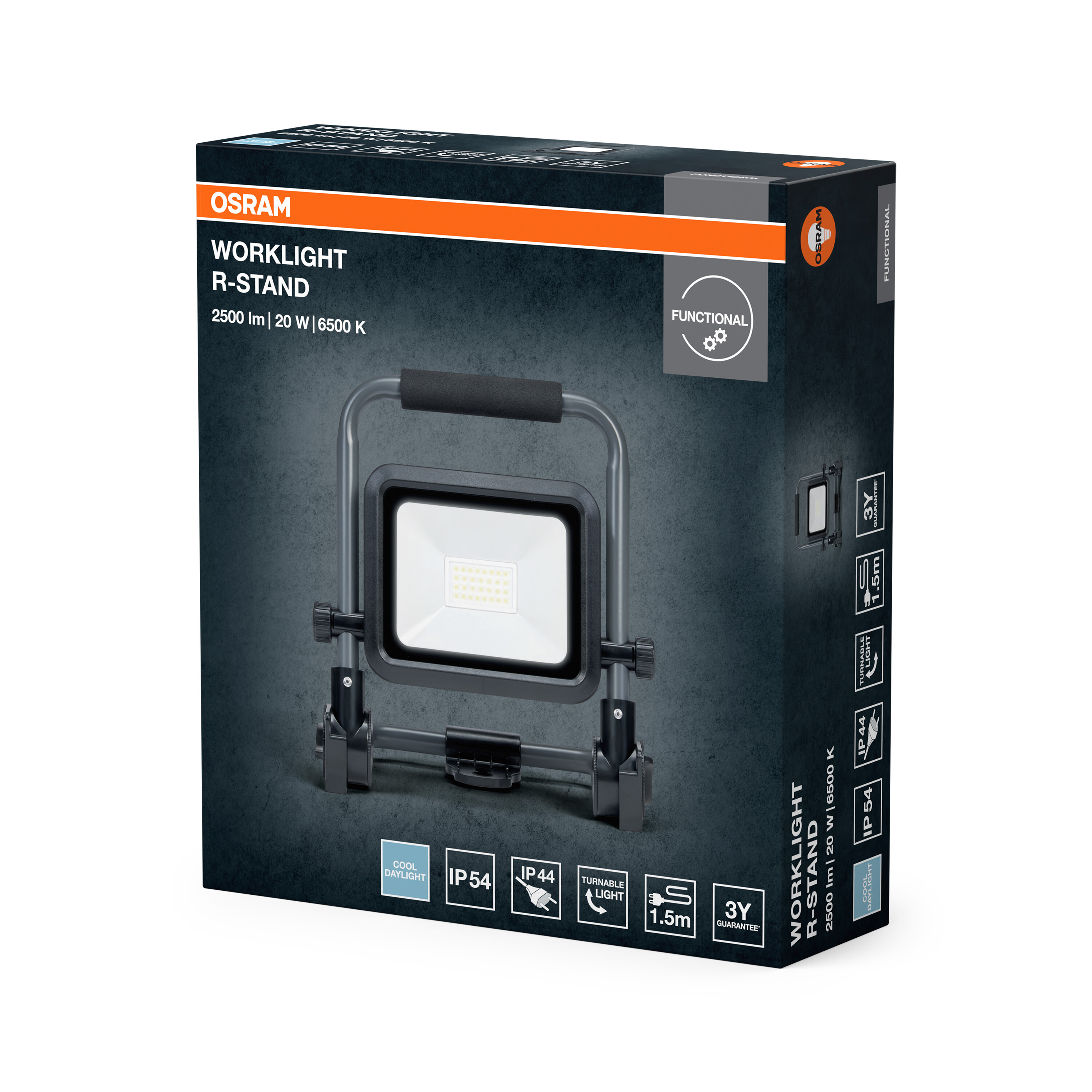 OSRAM Worklight R-Stand Verpackung mit Infos zu Lumen, Watt und Farbtemperatur.