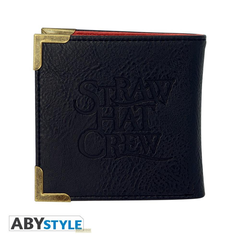 Schwarze Brieftasche mit Goldecken, "Straw Hat Crew"-Prägung. Rotes Innere.