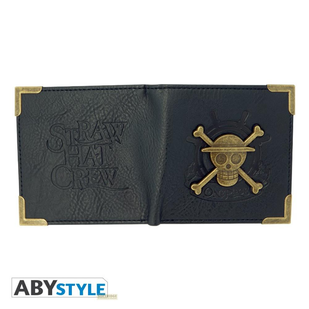 Schwarzes Portemonnaie mit "Straw Hat Crew"-Prägung und Totenkopf-Symbol.