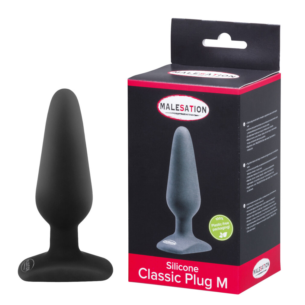 Schwarzer Silikon-Plug neben seiner Verpackung mit Text und Bild des Produkts.