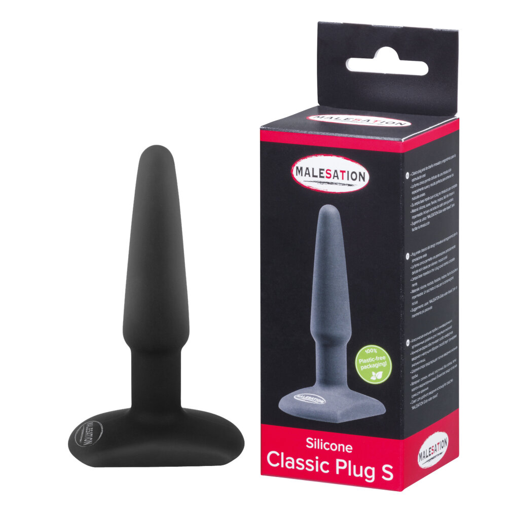 Ein schwarzer Silikon-Plug mit breiter Basis neben seiner Verpackung.