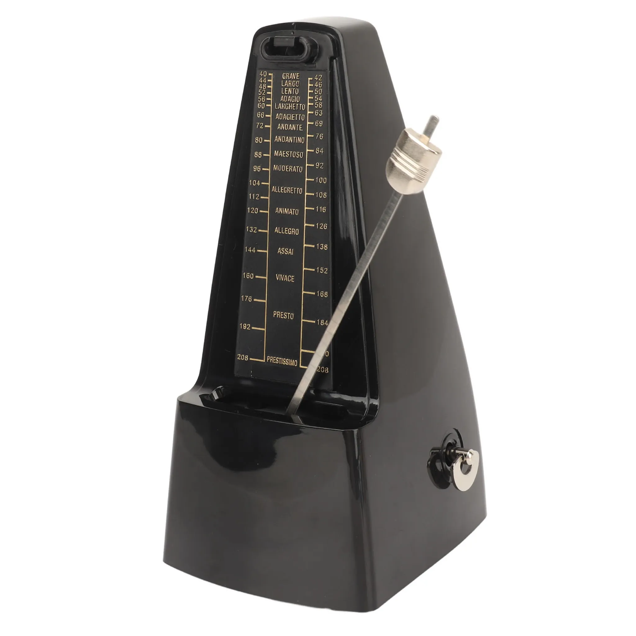 Ein schwarzes Metronom mit einer Sterling-Nadel und einer Skala mit Musikgeschwindigkeiten.