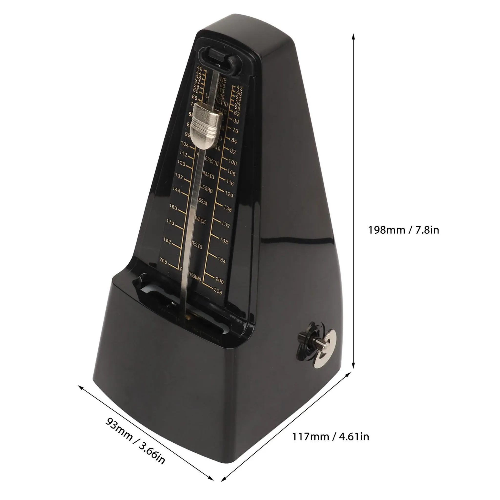 Schwarzer Metronom mit silbernem Pendel und Geschwindigkeitsanzeige.