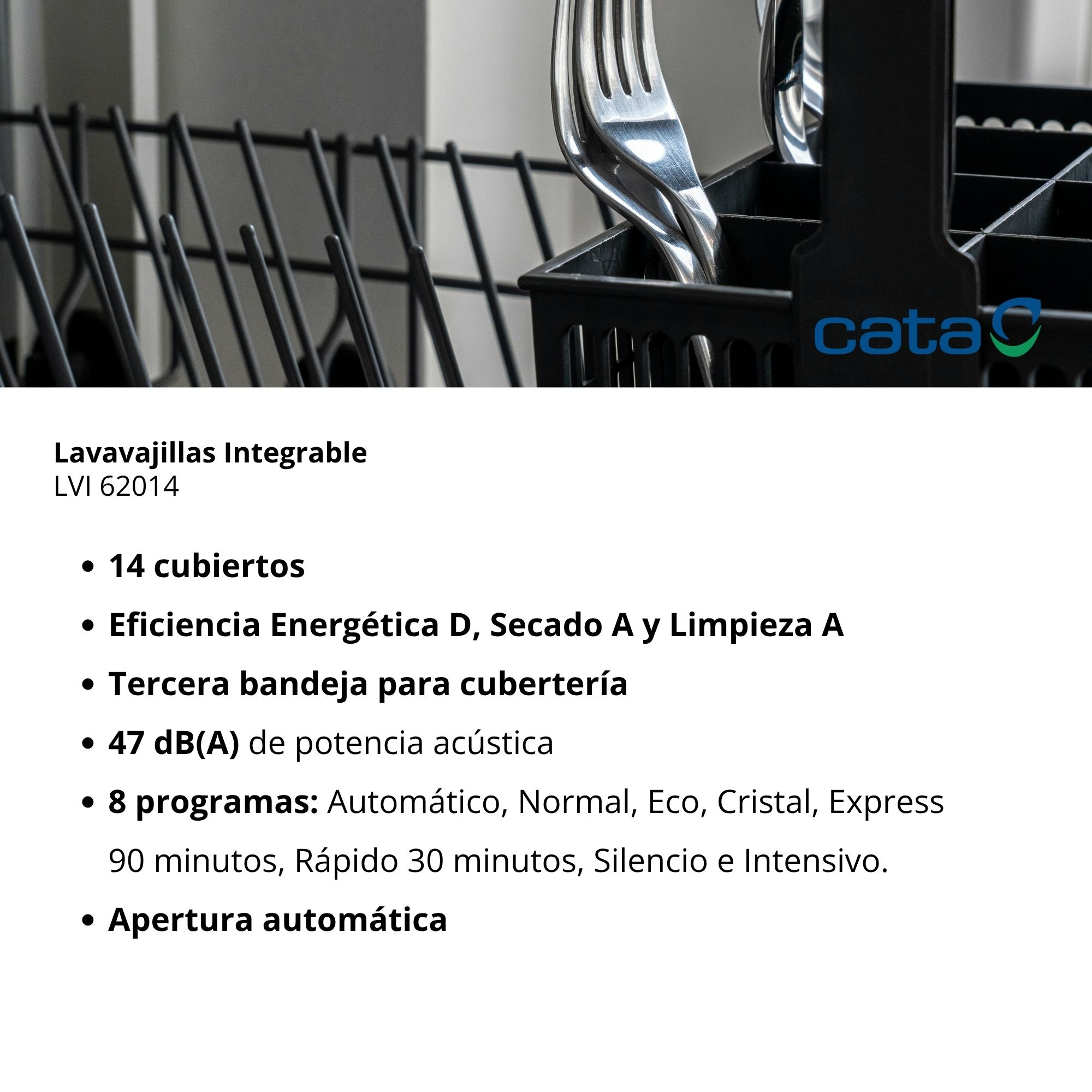 Cesto para lavavajillas con cubertero. Marca Cata. Eficiencia D.