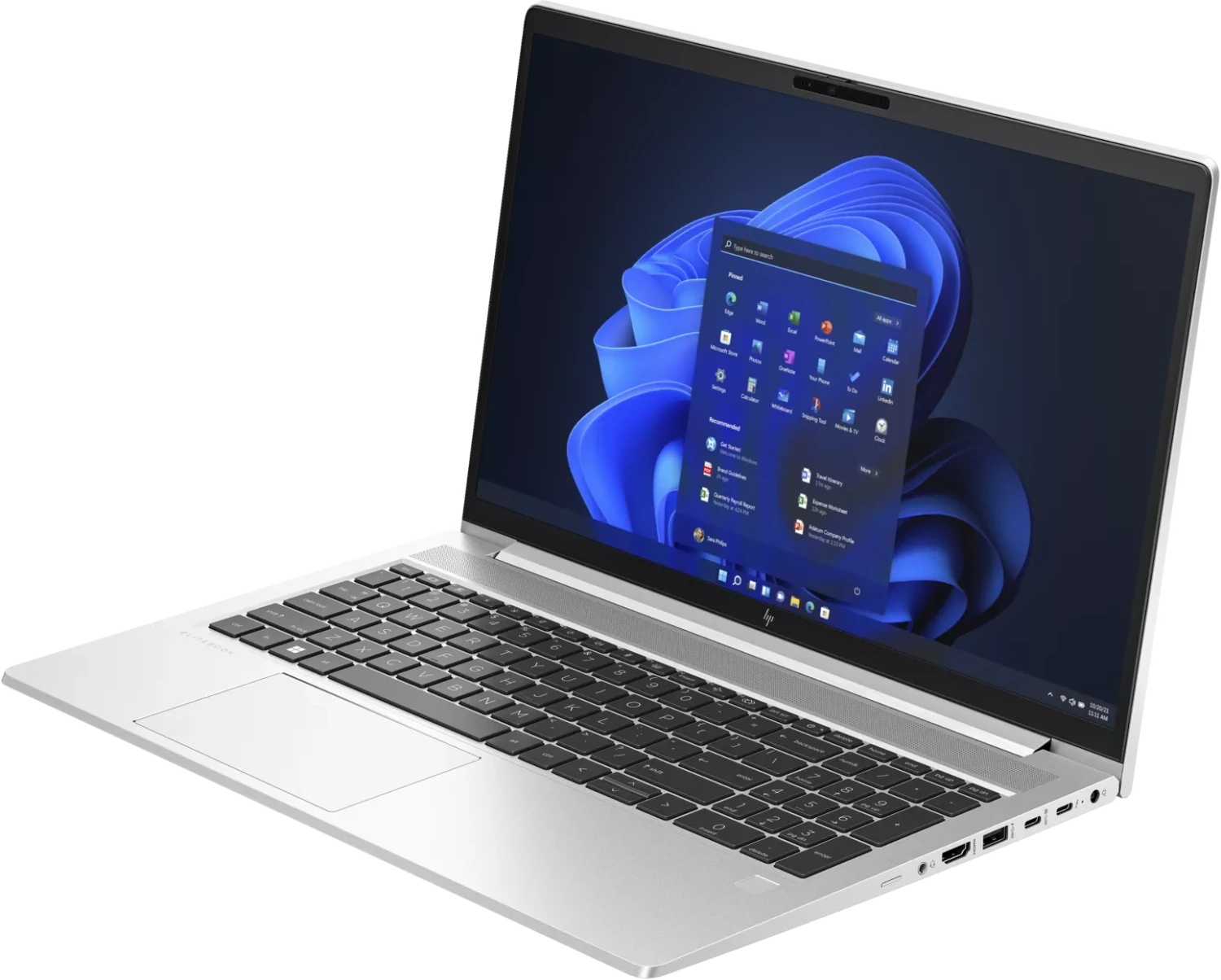 Ein silberner Laptop mit einem hellblauen Hintergrundbild auf dem Bildschirm.