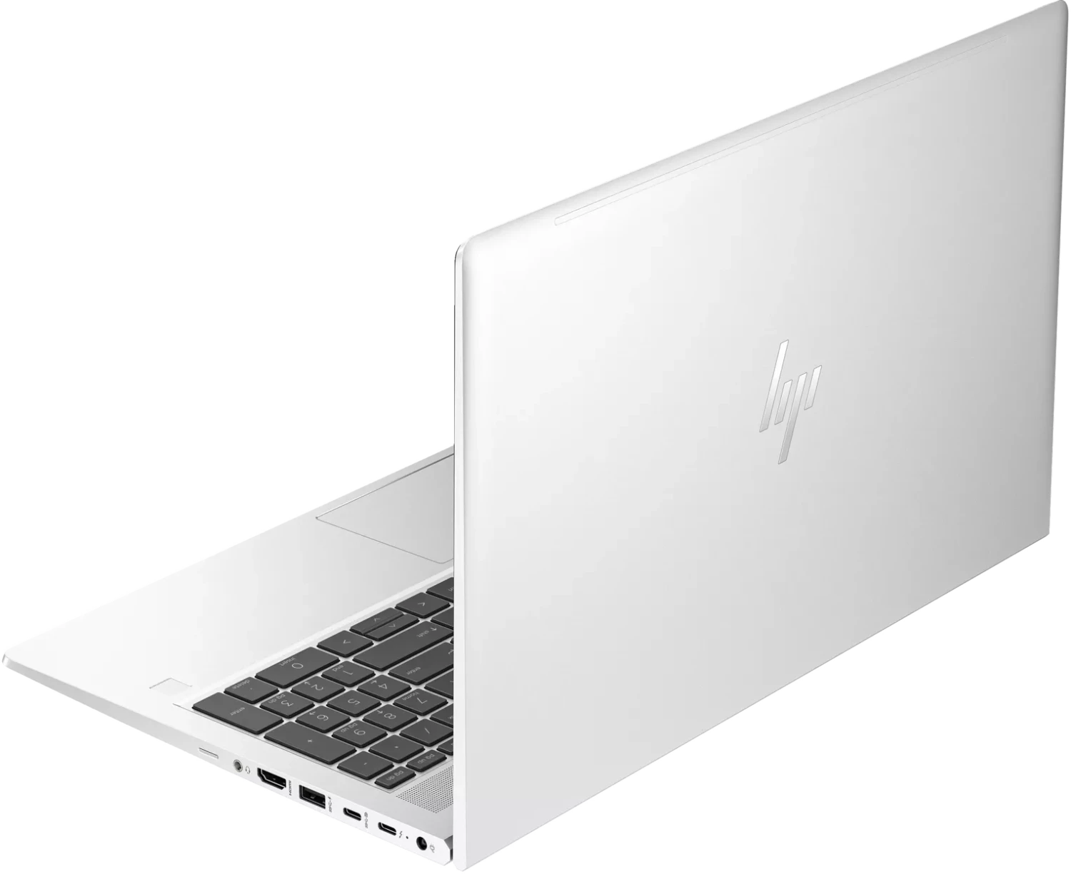 Ein weißer HP Laptop ist aus leicht erhöhter Perspektive gezeigt, der Deckel ist geöffnet und die Tastatur sichtbar.