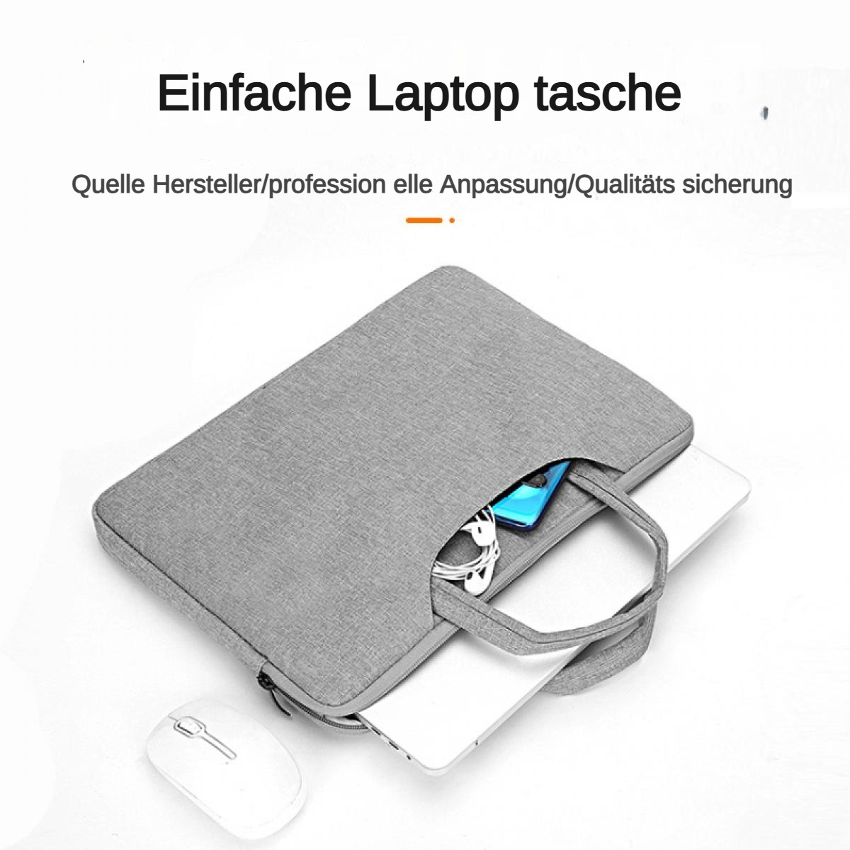 Graue Laptoptasche mit Laptop, Handy, Kopfhörern und Maus.