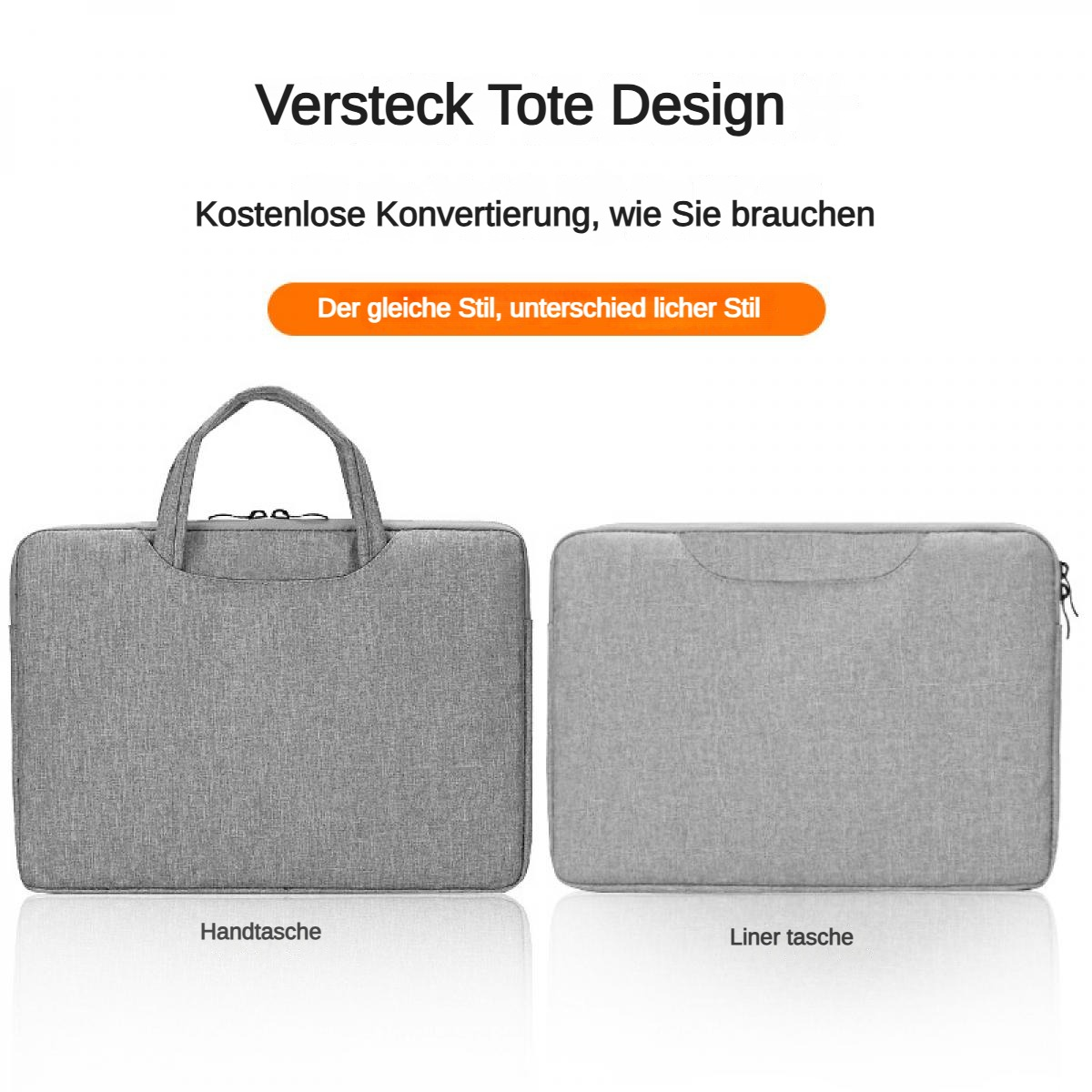 Zwei graue Laptop-Taschen, eine mit Griffen, die andere ohne.