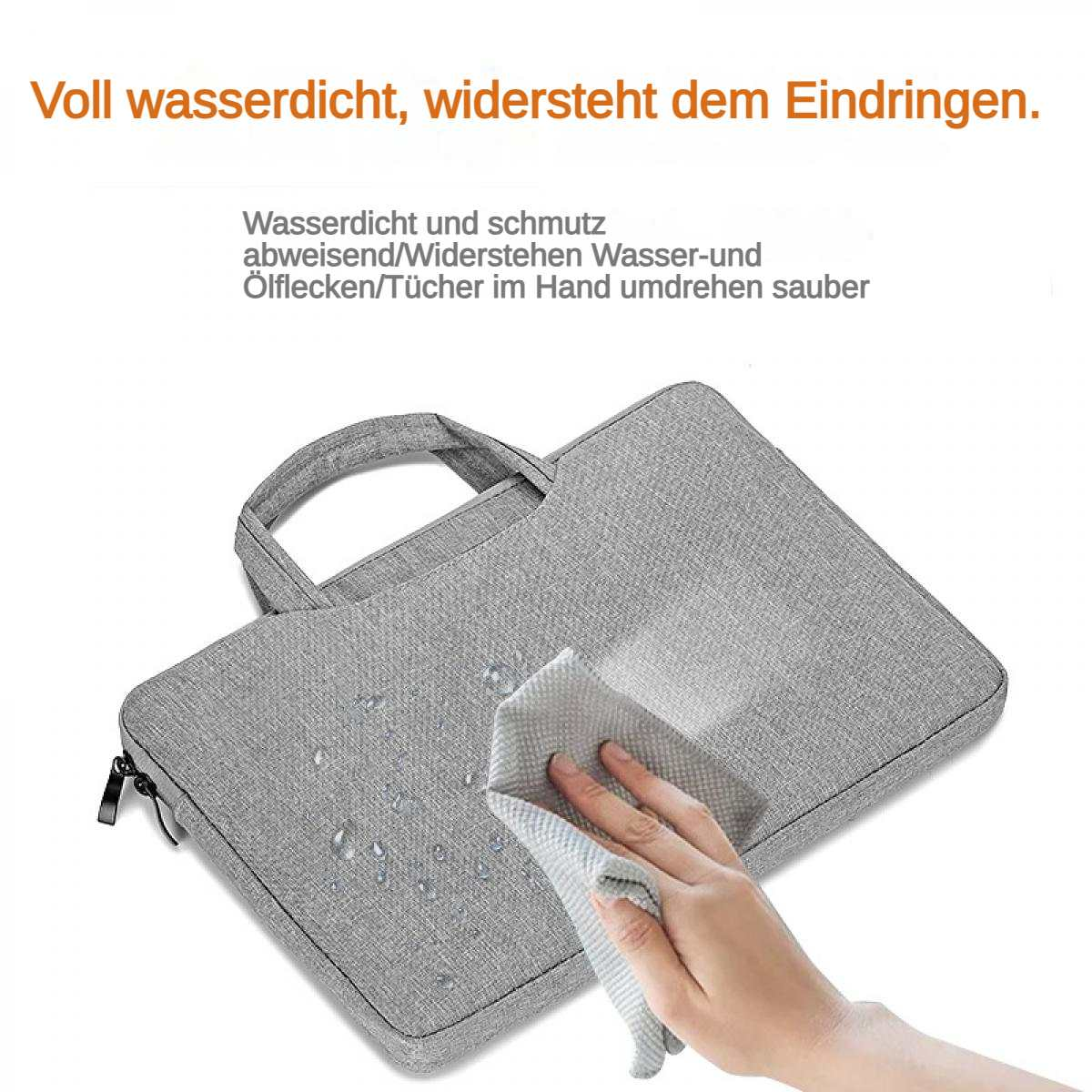 Graue Laptoptasche mit Griffen, die mit einem Tuch abgewischt wird. Wasserperlen sind sichtbar.