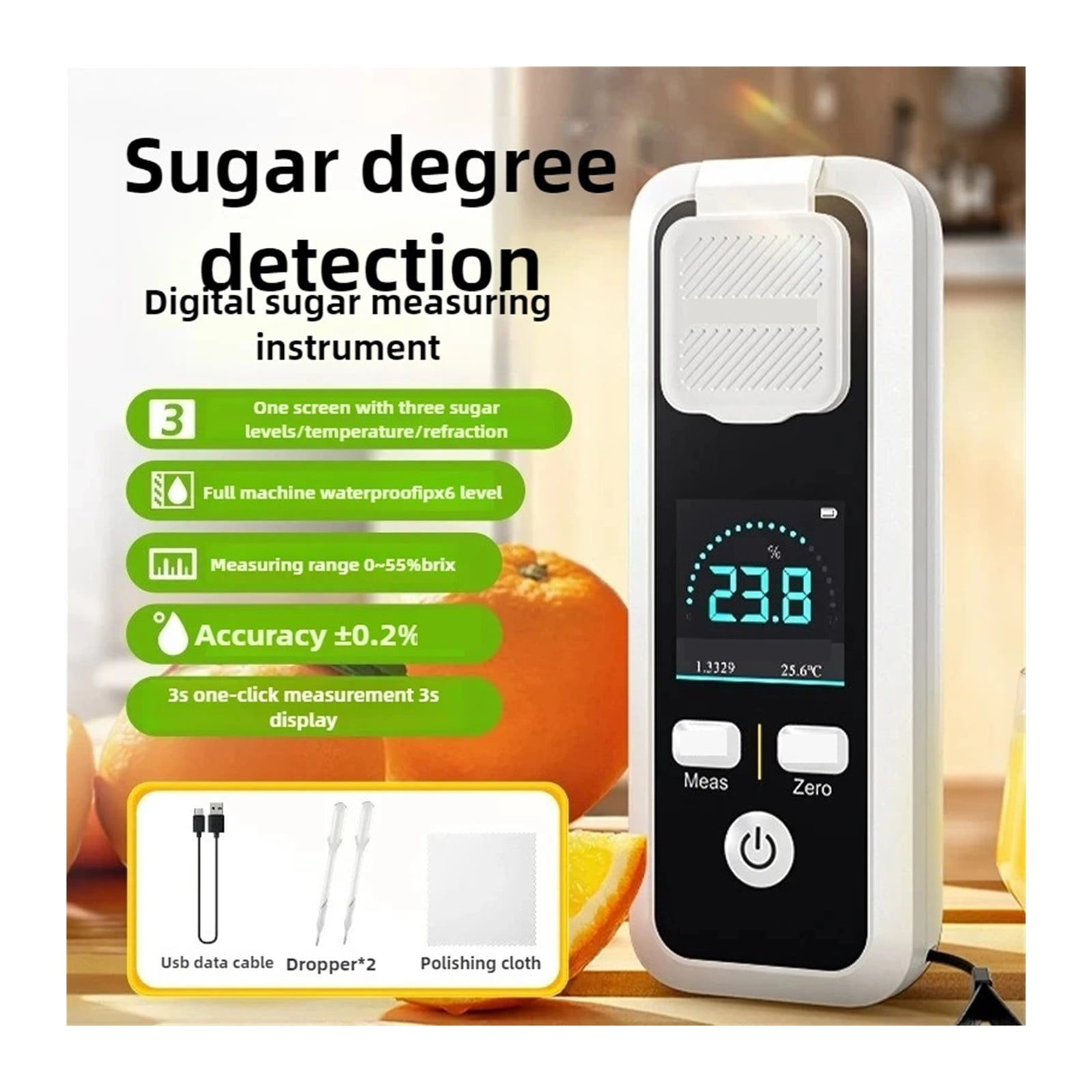 Digitaler Zuckerrefraktometer mit Orangen und Zubehör auf dem Tisch.