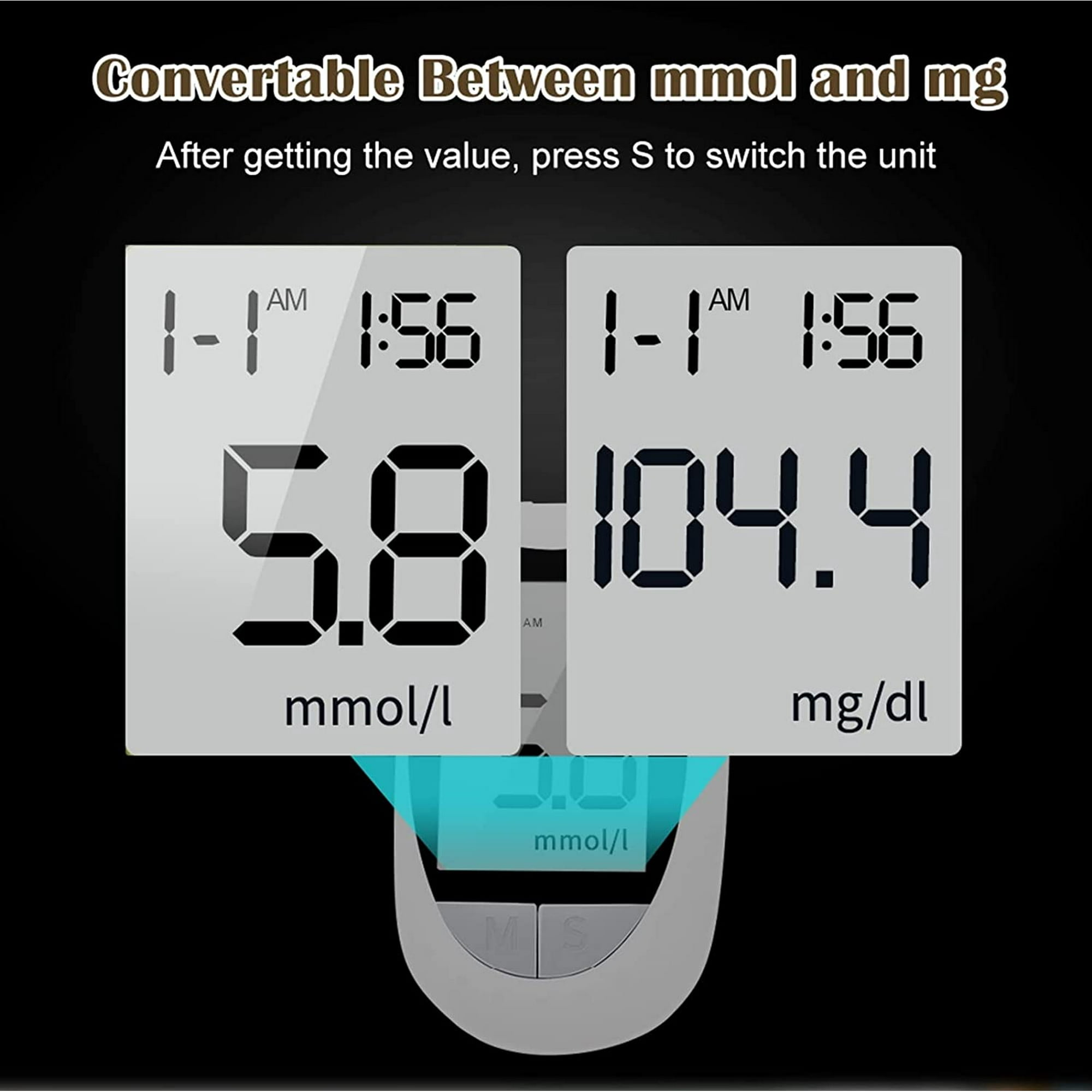 Blutzuckermessgerät zeigt 5.8 mmol/l und 104.4 mg/dl an.