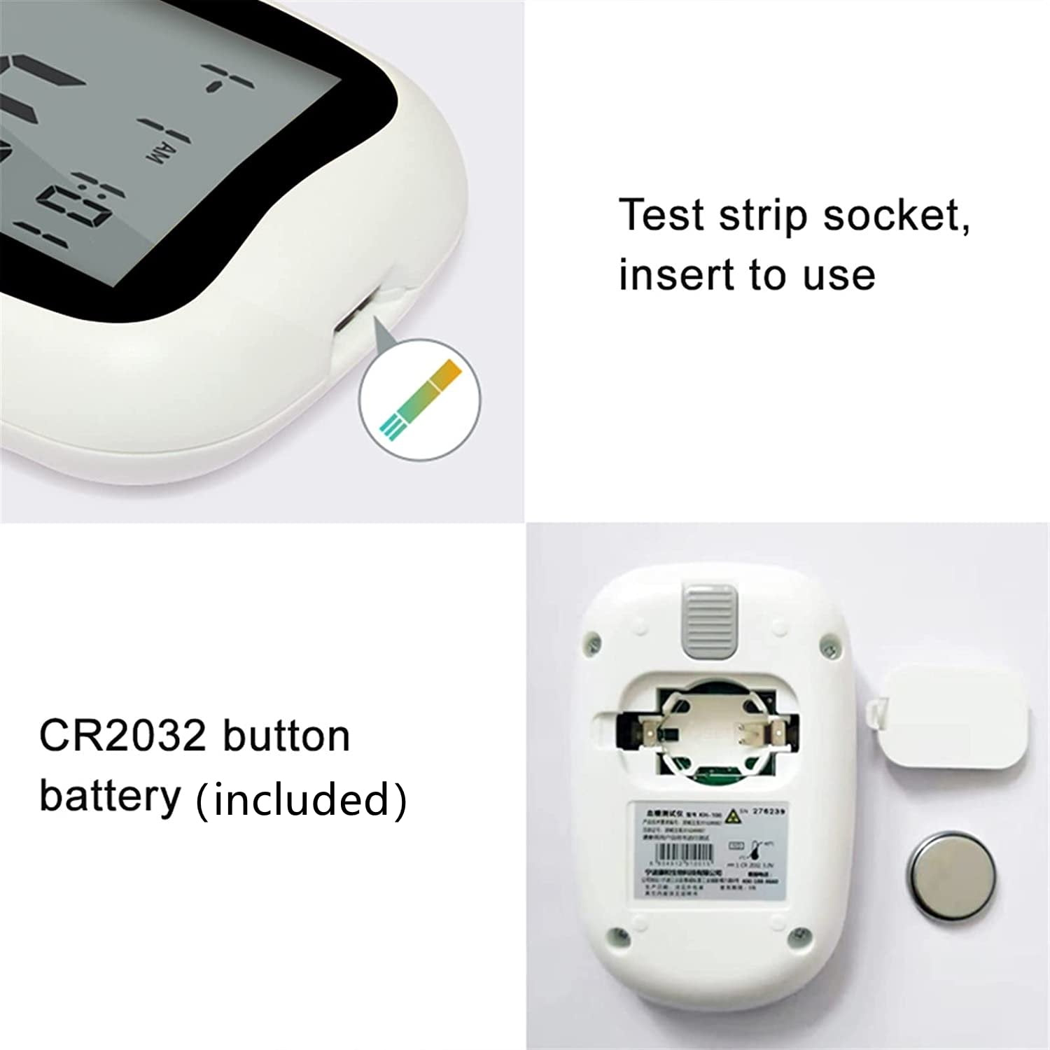 Glukosemessgerät mit Teststreifenanschluss und Batteriefach. CR2032 Batterie.