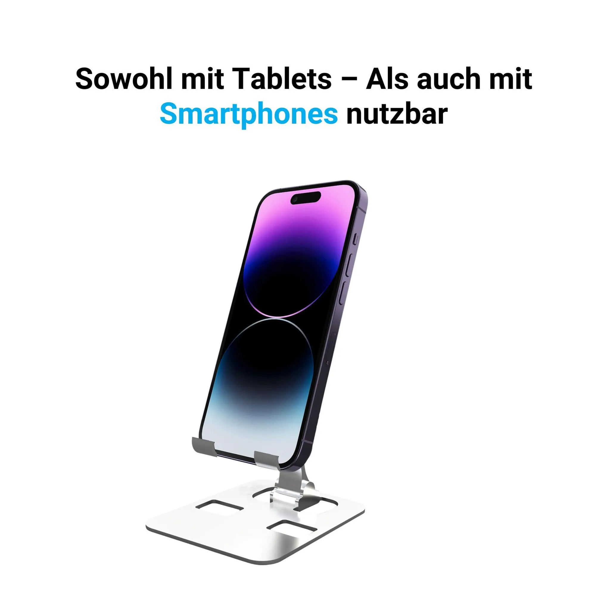 Ein Smartphone auf einem silbernen Ständer mit weißem Hintergrund.